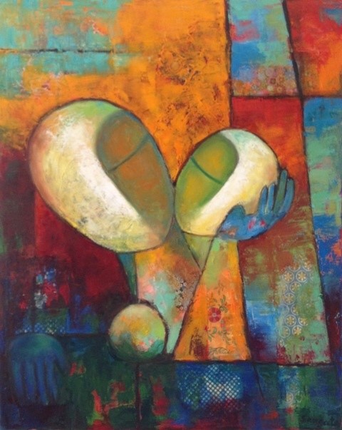 Blissful, Sangeeta Charan, Oil and collage on canvas 61x76cm 2013