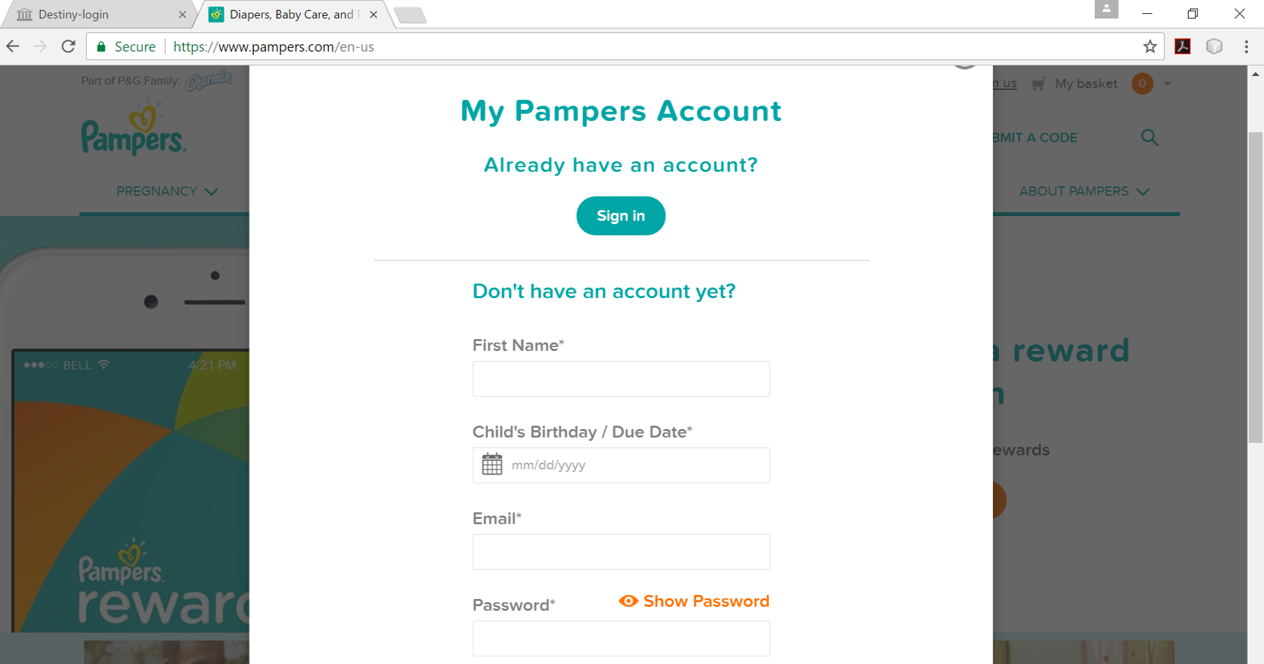 Explicit Personalization: Old Pampers website uses details provided by the users to personalize their experience on the site.