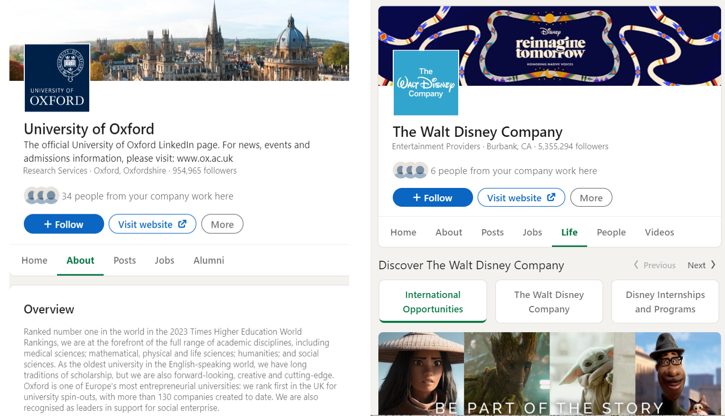 LinkedIn Company Pages — University of Oxford (About page) and The Walt Disney Company (Life page).