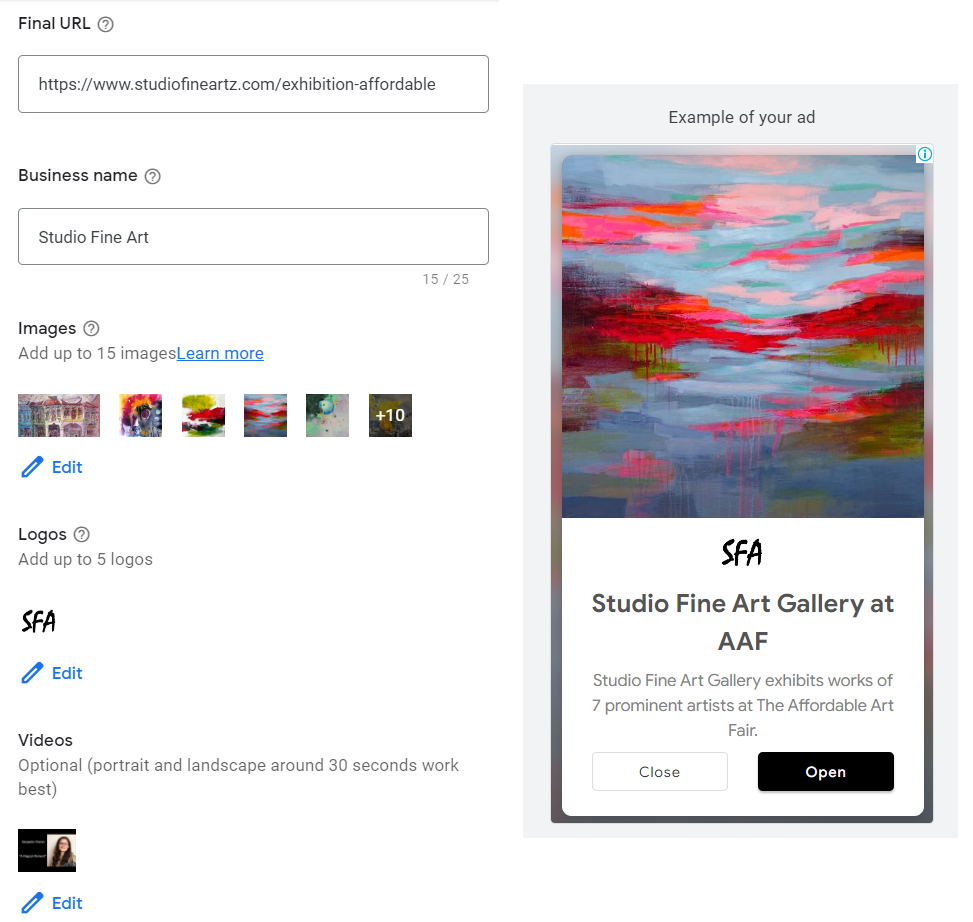 Google Responsive Display Ad. (Studio Fine Art Gallery).
