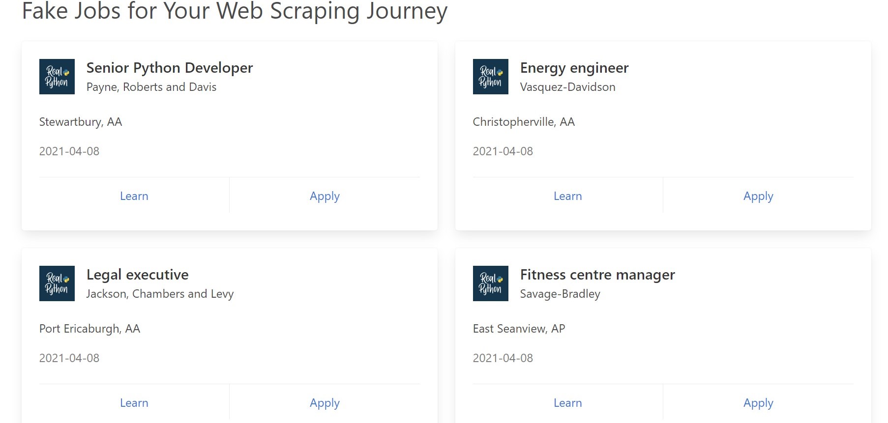 Fake Jobs Webpage.