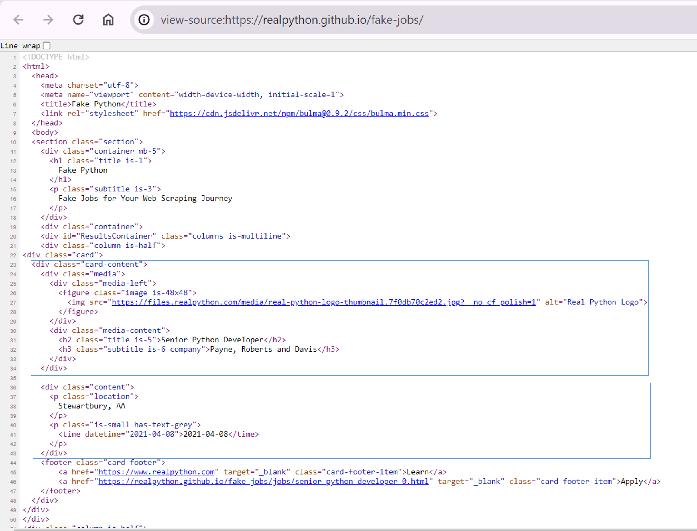 Source code of Fake Jobs Webpage.
