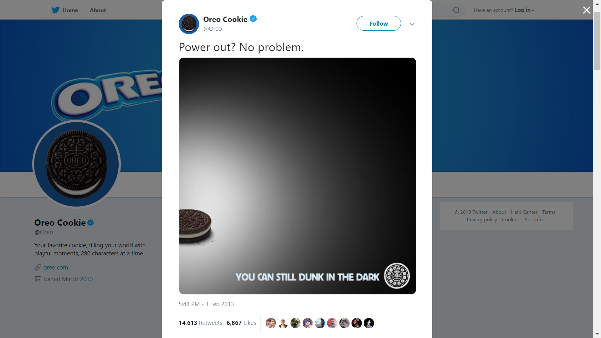 Twitter Marketing - Success Story: Oreo's Super Bowl tweet (dunking time) capitalizing on a power outage.
