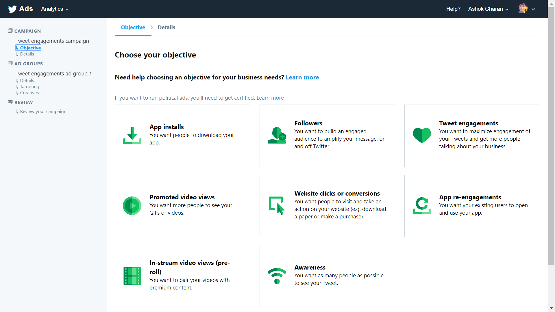 Twitter ad campaign objectives