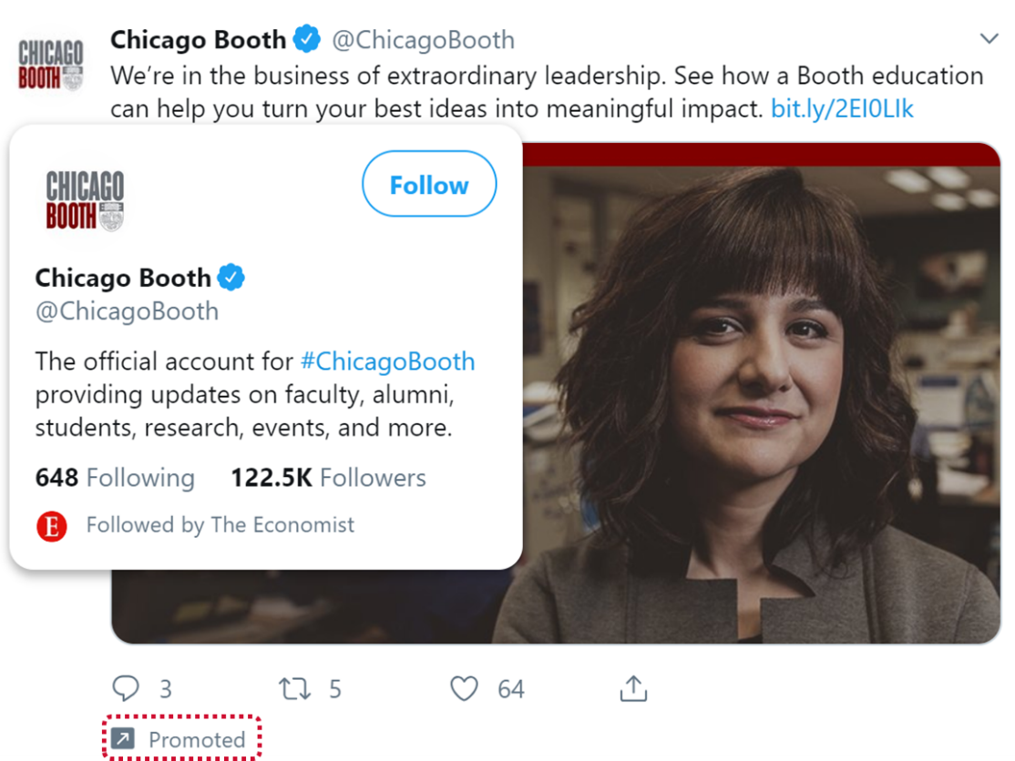 Twitter Ad Campaigns: Website traffic campaign by Chicago Booth.