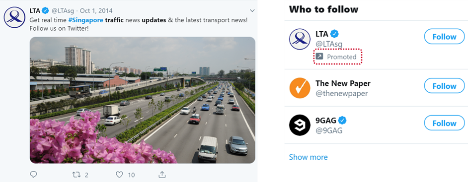 Twitter Ad Campaigns: Follower Ad by the Land and Transport Authority of Singapore.