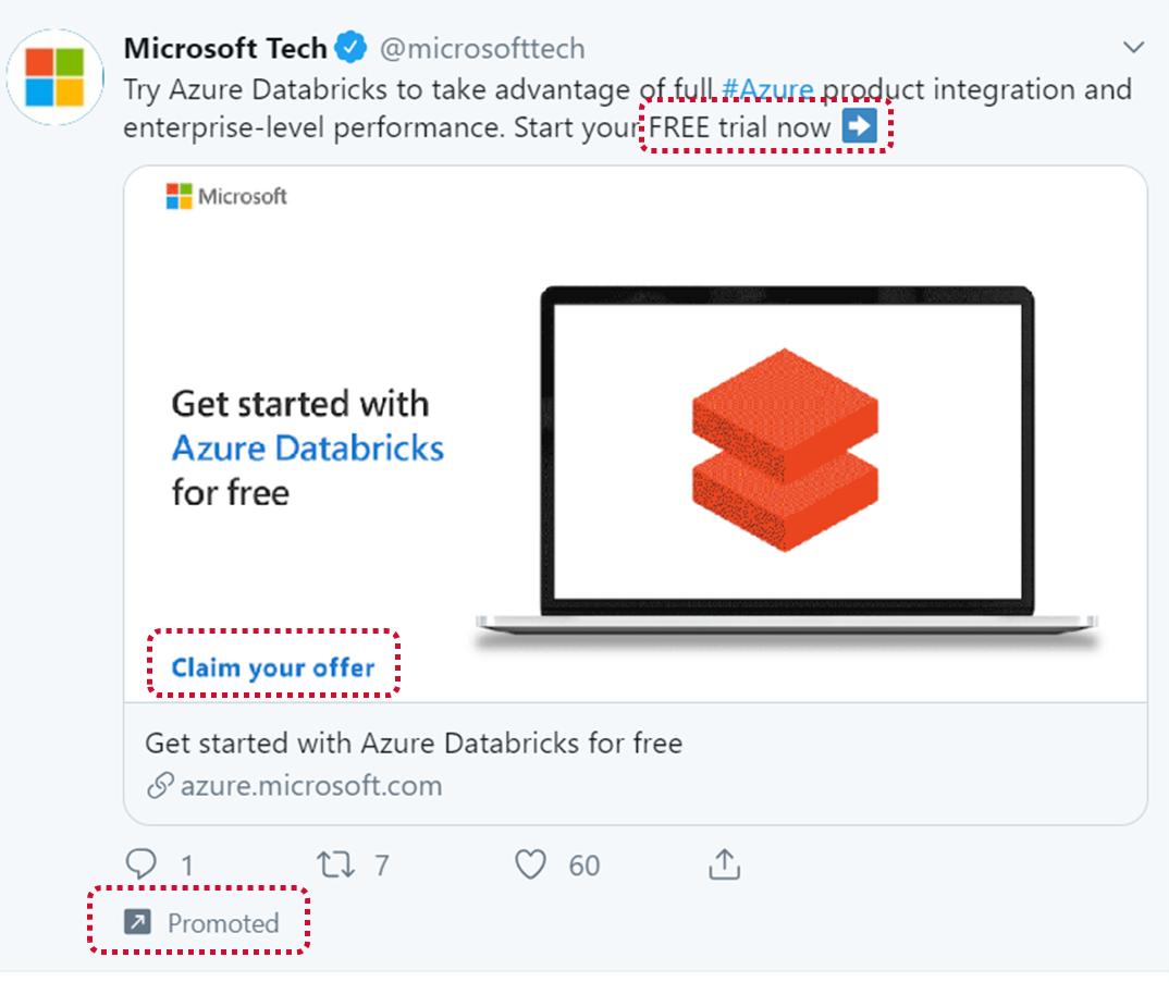 Twitter Ad Campaigns: Azure’s engagement ad with a “free trial” call-to-action.