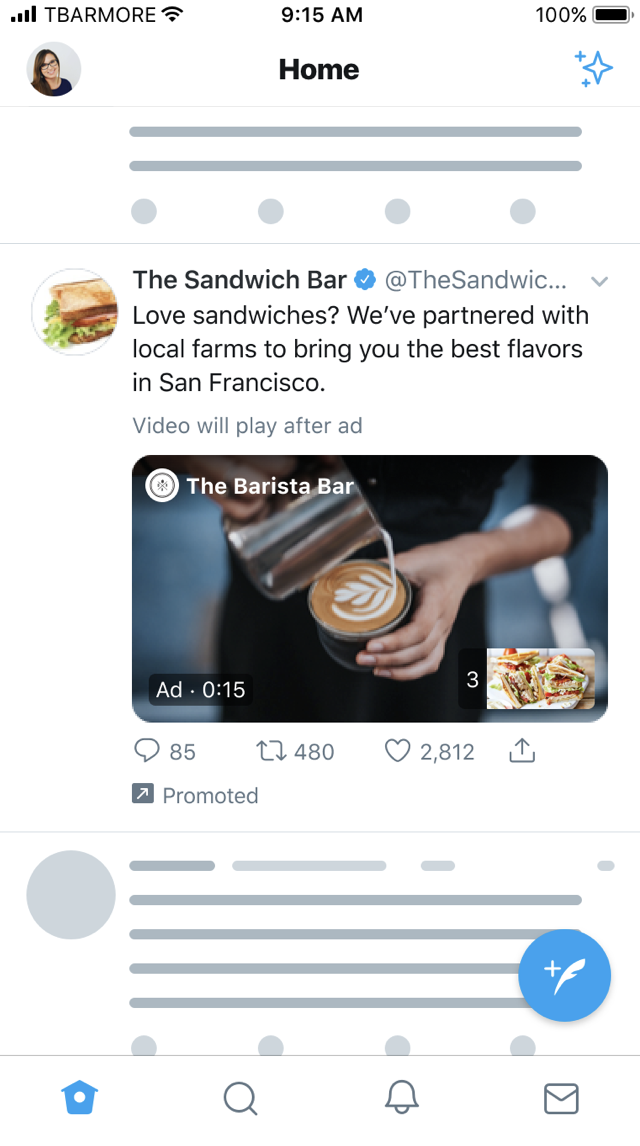 Twitter Ad Campaigns: Pre-roll view campaign. Promoted ‘Barista Bar’ video running before the 
    start of ‘The Sandwich Bar’ video.